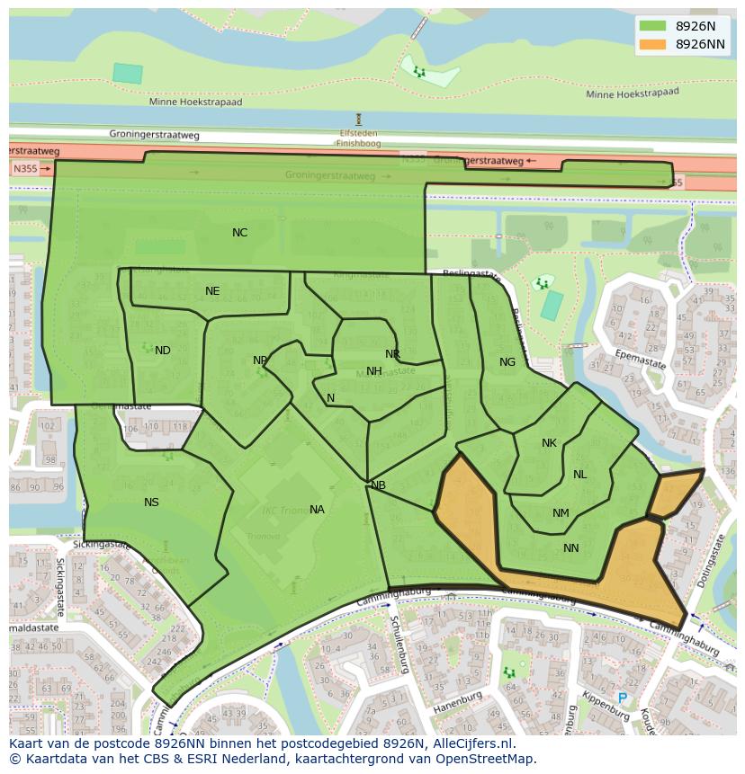 Afbeelding van het postcodegebied 8926 NN op de kaart.