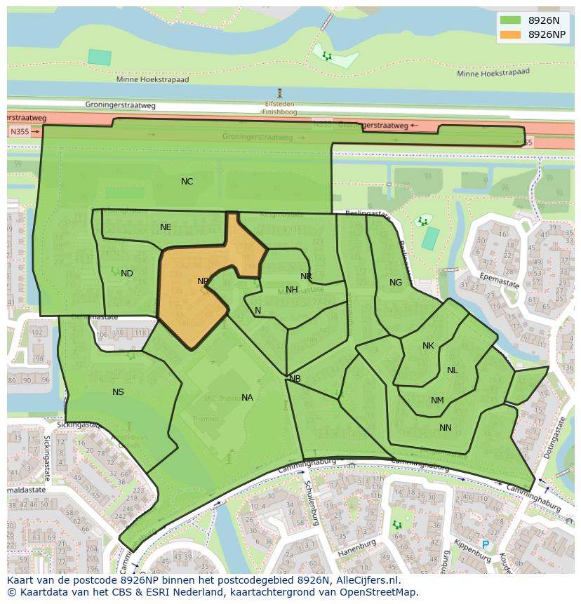 Afbeelding van het postcodegebied 8926 NP op de kaart.