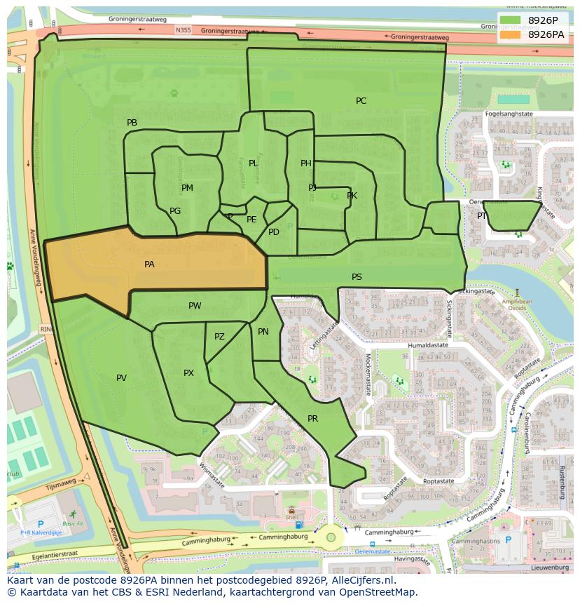 Afbeelding van het postcodegebied 8926 PA op de kaart.