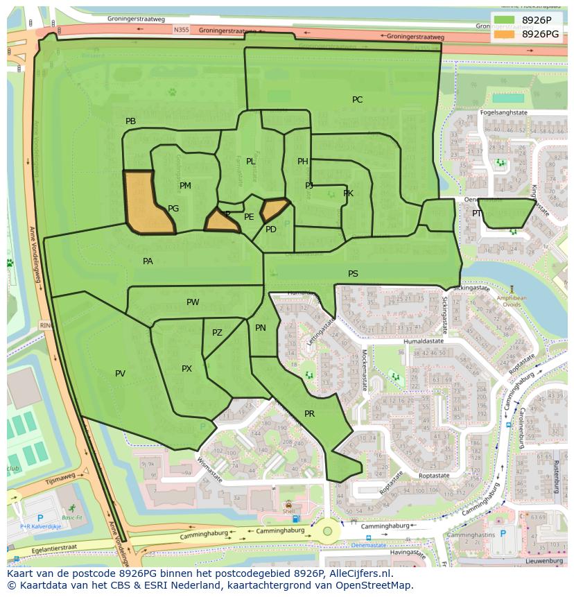 Afbeelding van het postcodegebied 8926 PG op de kaart.
