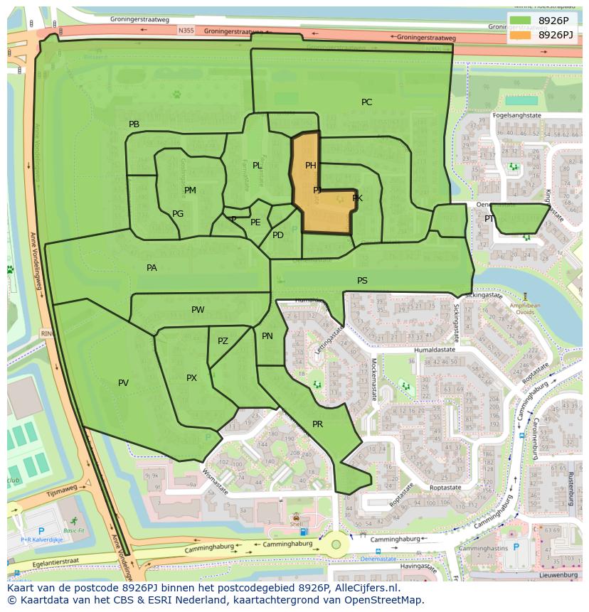 Afbeelding van het postcodegebied 8926 PJ op de kaart.