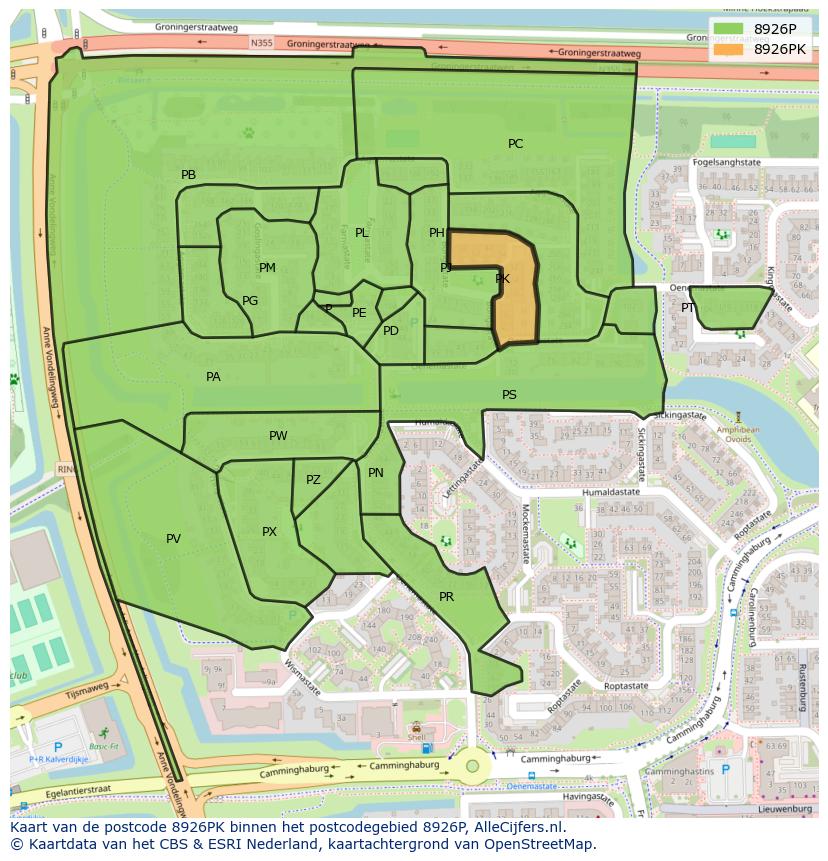 Afbeelding van het postcodegebied 8926 PK op de kaart.