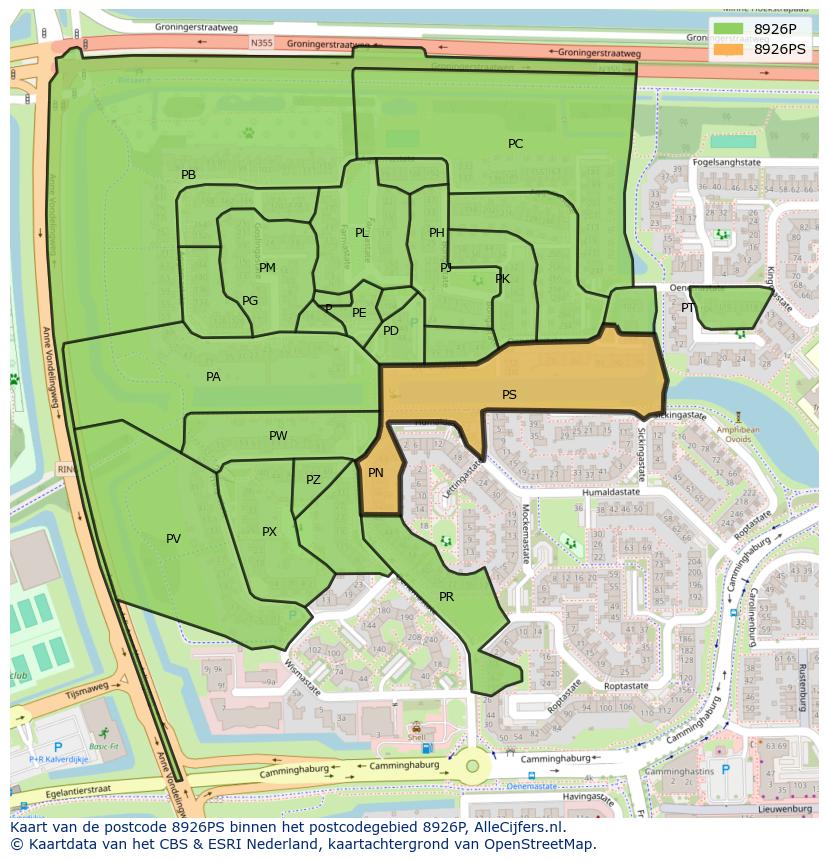 Afbeelding van het postcodegebied 8926 PS op de kaart.