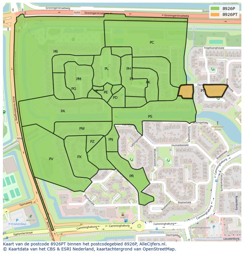 Afbeelding van het postcodegebied 8926 PT op de kaart.