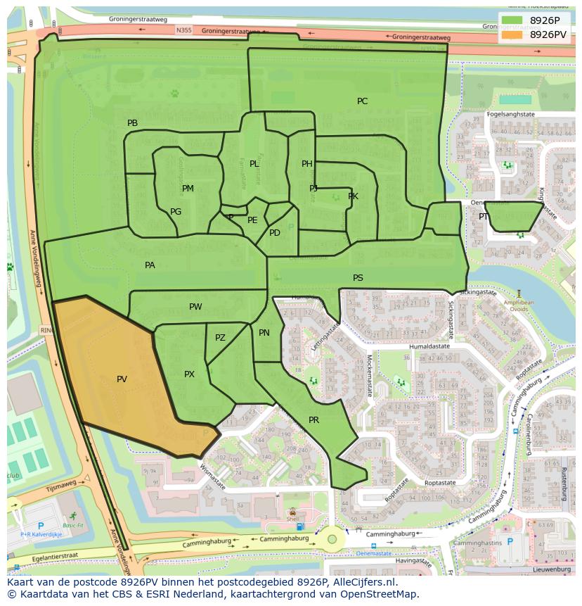Afbeelding van het postcodegebied 8926 PV op de kaart.
