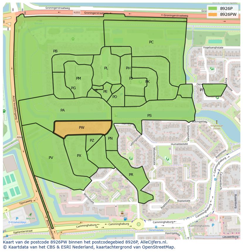 Afbeelding van het postcodegebied 8926 PW op de kaart.