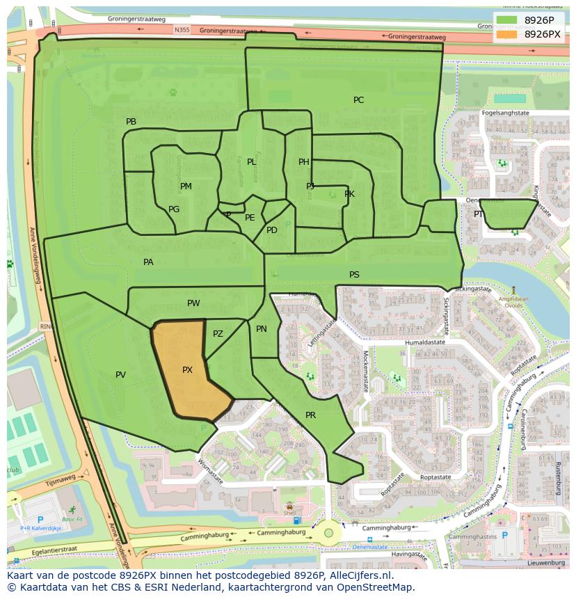 Afbeelding van het postcodegebied 8926 PX op de kaart.