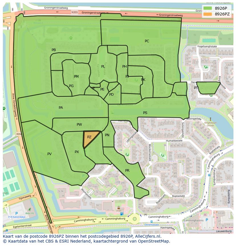 Afbeelding van het postcodegebied 8926 PZ op de kaart.