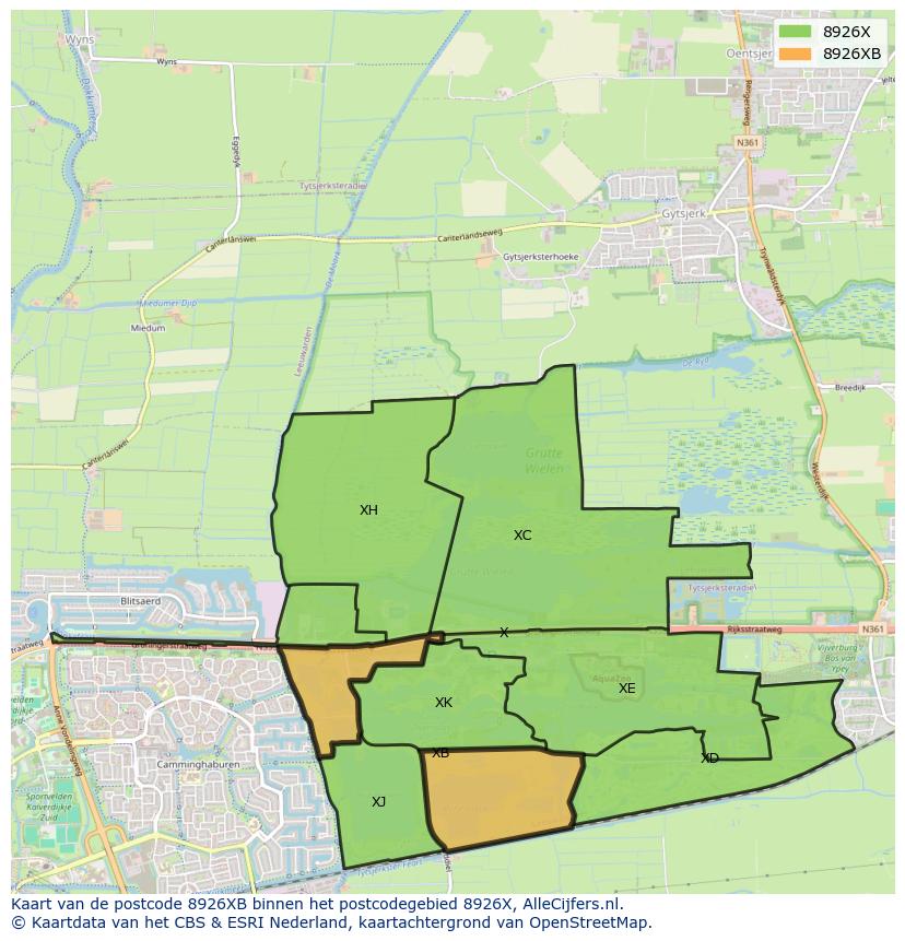 Afbeelding van het postcodegebied 8926 XB op de kaart.