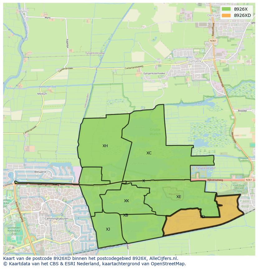 Afbeelding van het postcodegebied 8926 XD op de kaart.
