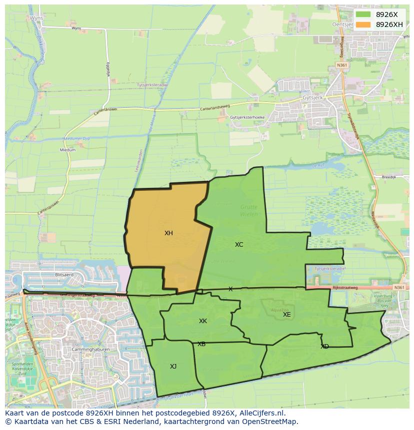 Afbeelding van het postcodegebied 8926 XH op de kaart.