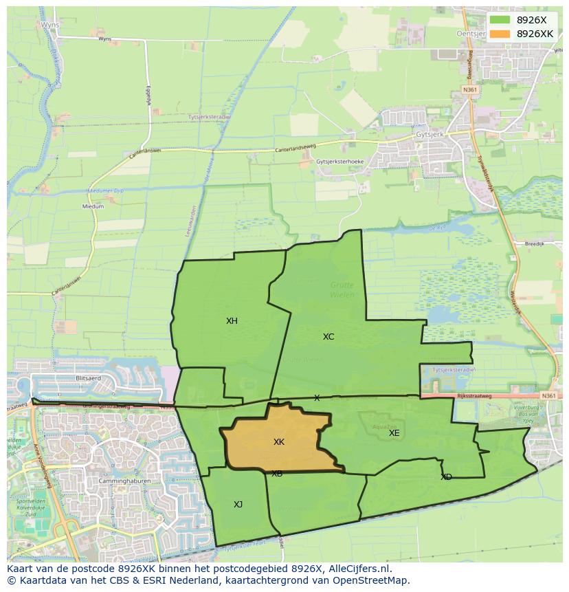 Afbeelding van het postcodegebied 8926 XK op de kaart.
