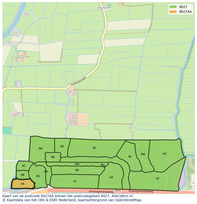 Afbeelding van het postcodegebied 8927 AA op de kaart.