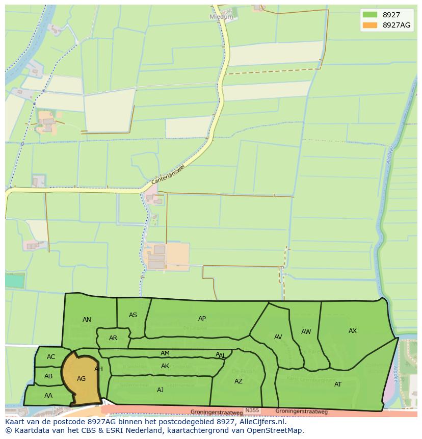 Afbeelding van het postcodegebied 8927 AG op de kaart.