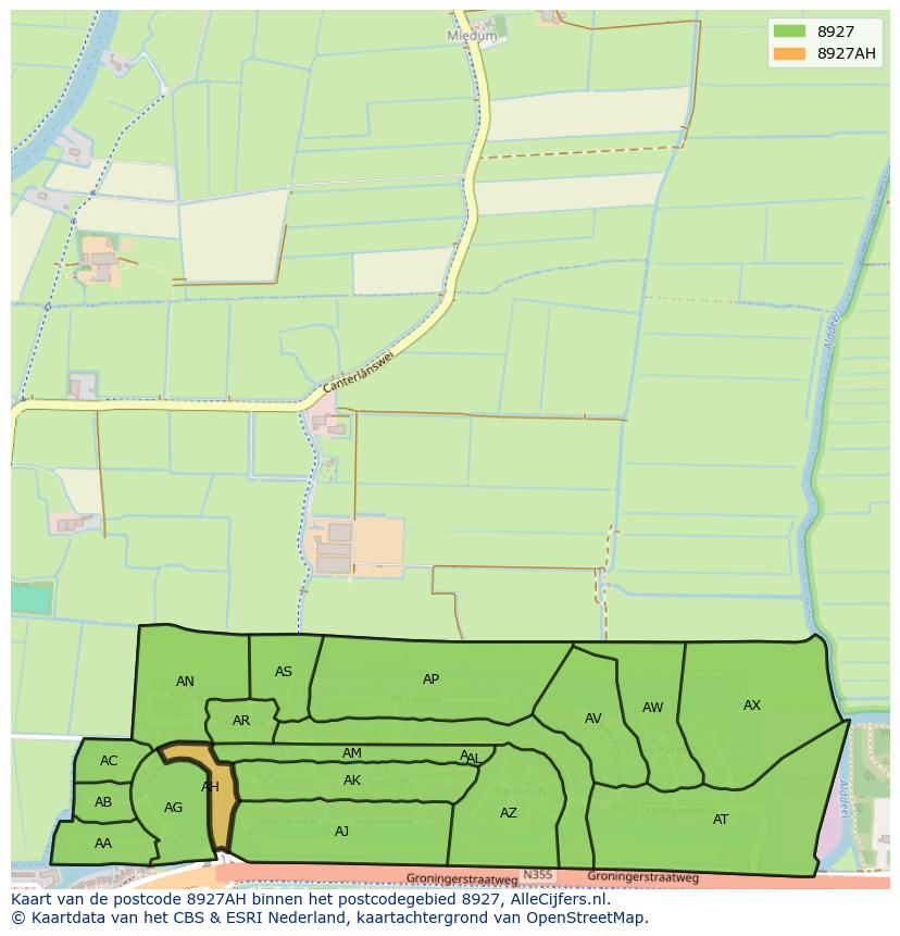 Afbeelding van het postcodegebied 8927 AH op de kaart.