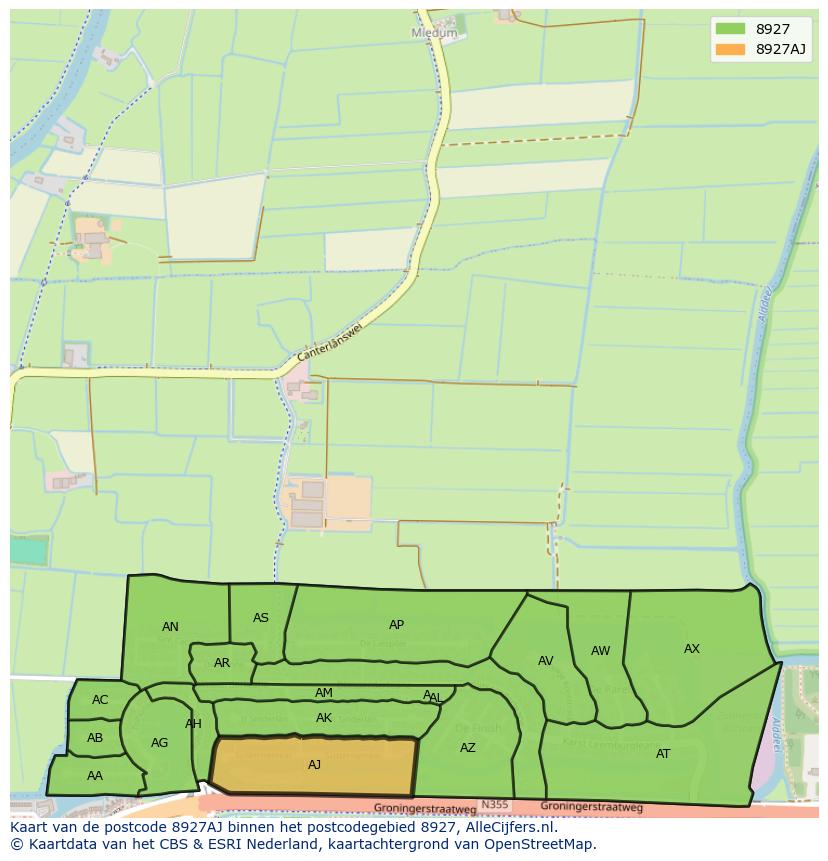 Afbeelding van het postcodegebied 8927 AJ op de kaart.