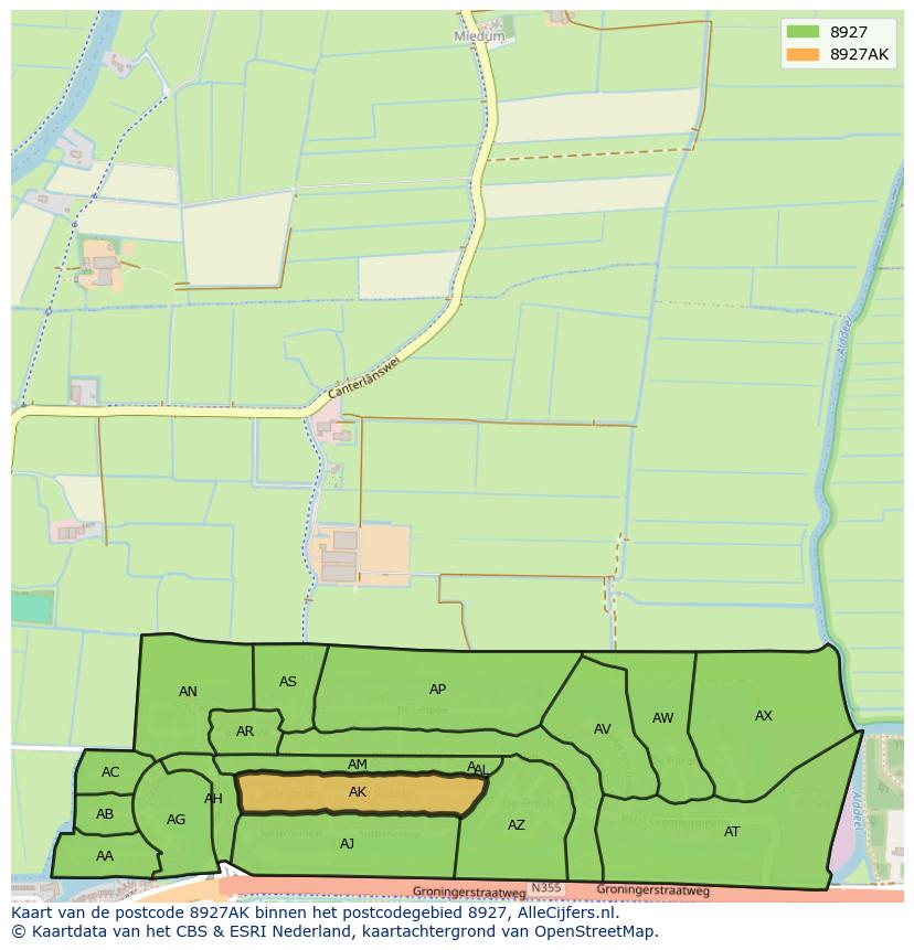Afbeelding van het postcodegebied 8927 AK op de kaart.