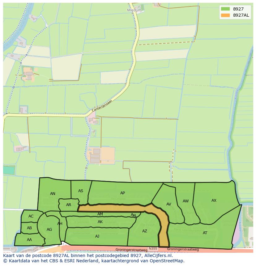 Afbeelding van het postcodegebied 8927 AL op de kaart.