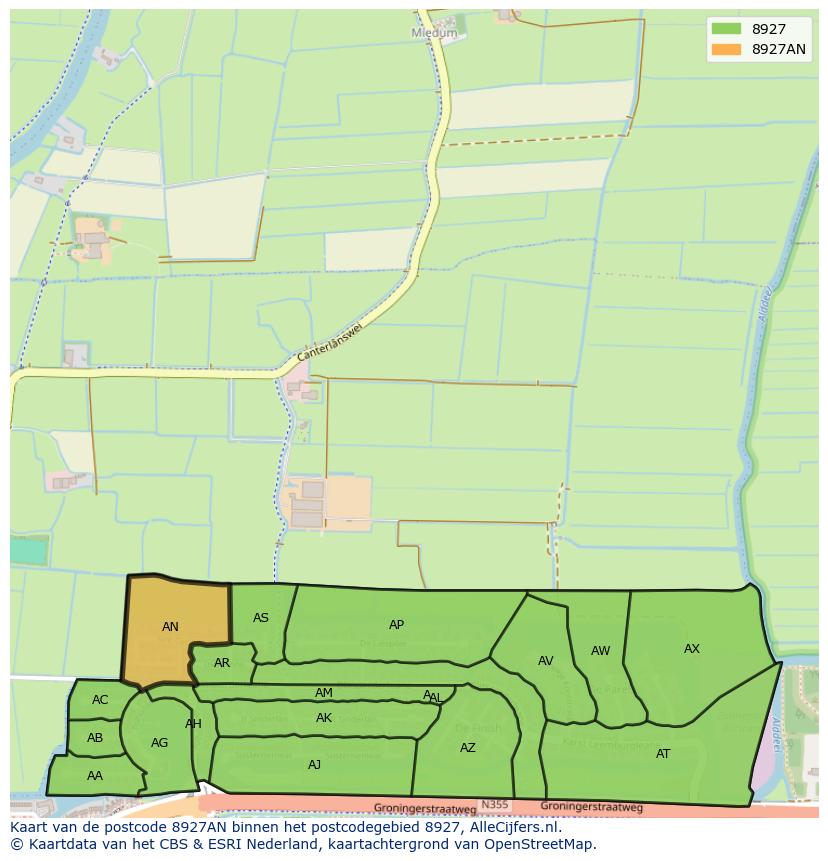 Afbeelding van het postcodegebied 8927 AN op de kaart.