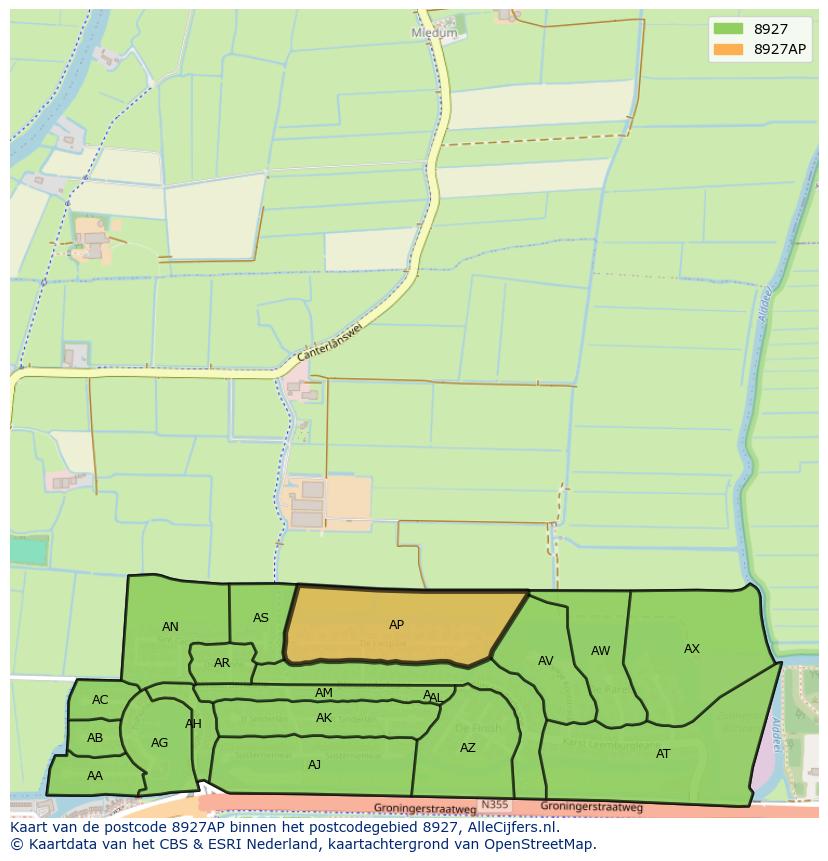 Afbeelding van het postcodegebied 8927 AP op de kaart.