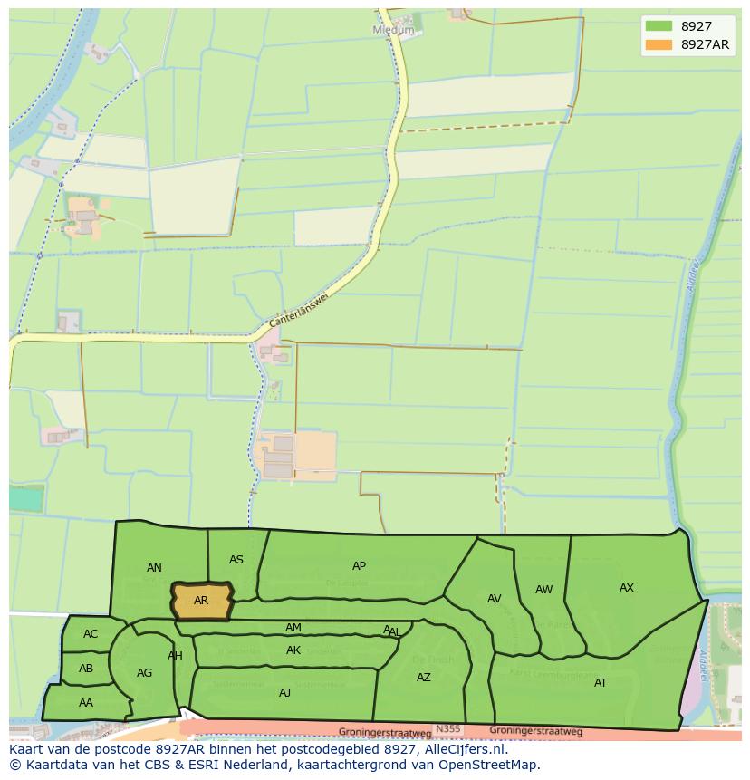 Afbeelding van het postcodegebied 8927 AR op de kaart.