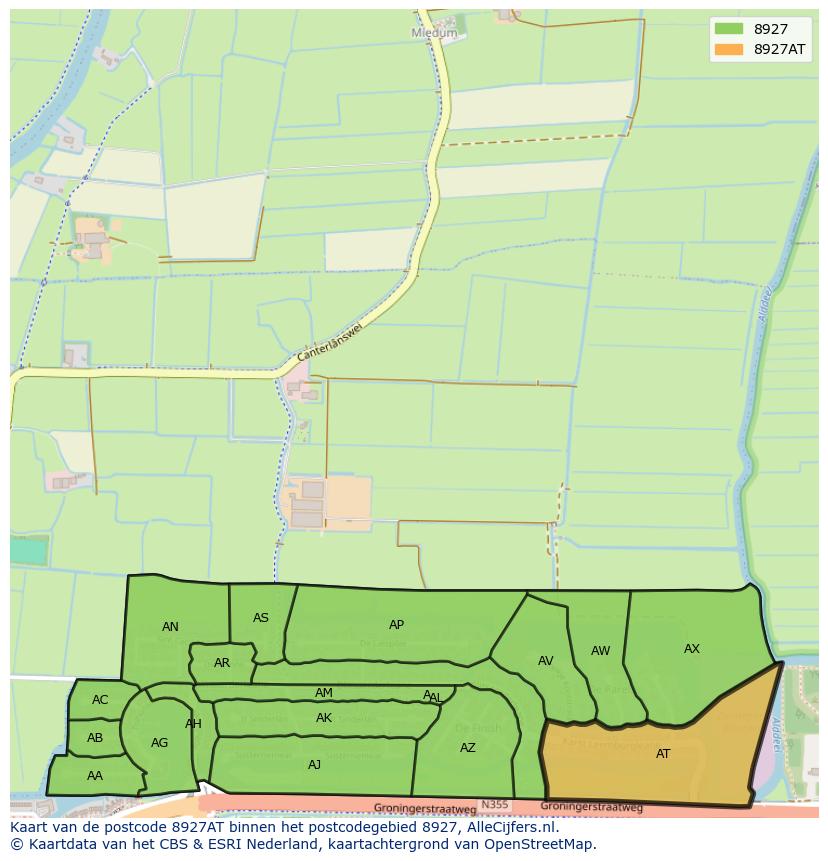 Afbeelding van het postcodegebied 8927 AT op de kaart.