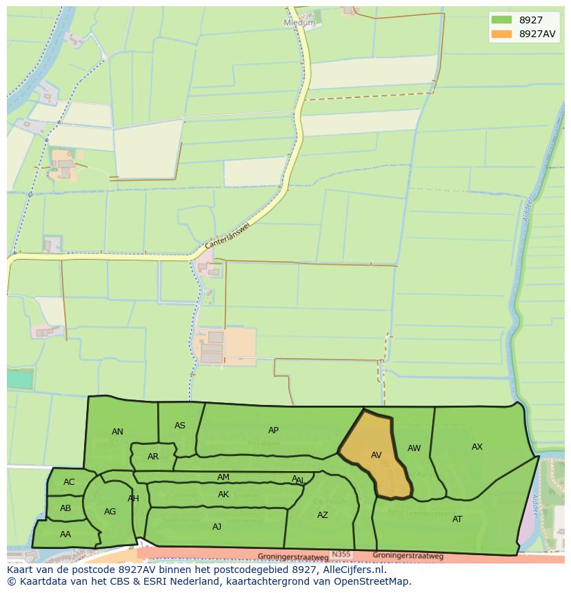 Afbeelding van het postcodegebied 8927 AV op de kaart.