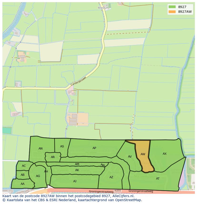 Afbeelding van het postcodegebied 8927 AW op de kaart.