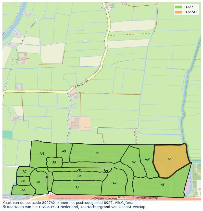 Afbeelding van het postcodegebied 8927 AX op de kaart.