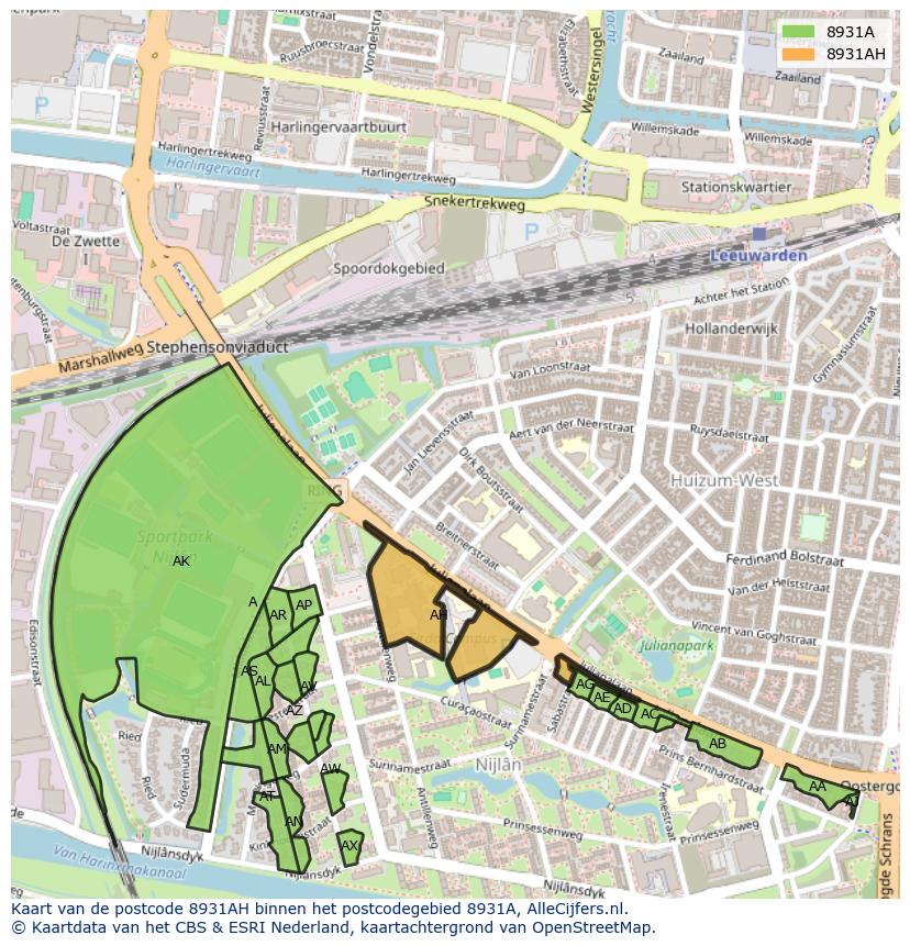 Afbeelding van het postcodegebied 8931 AH op de kaart.