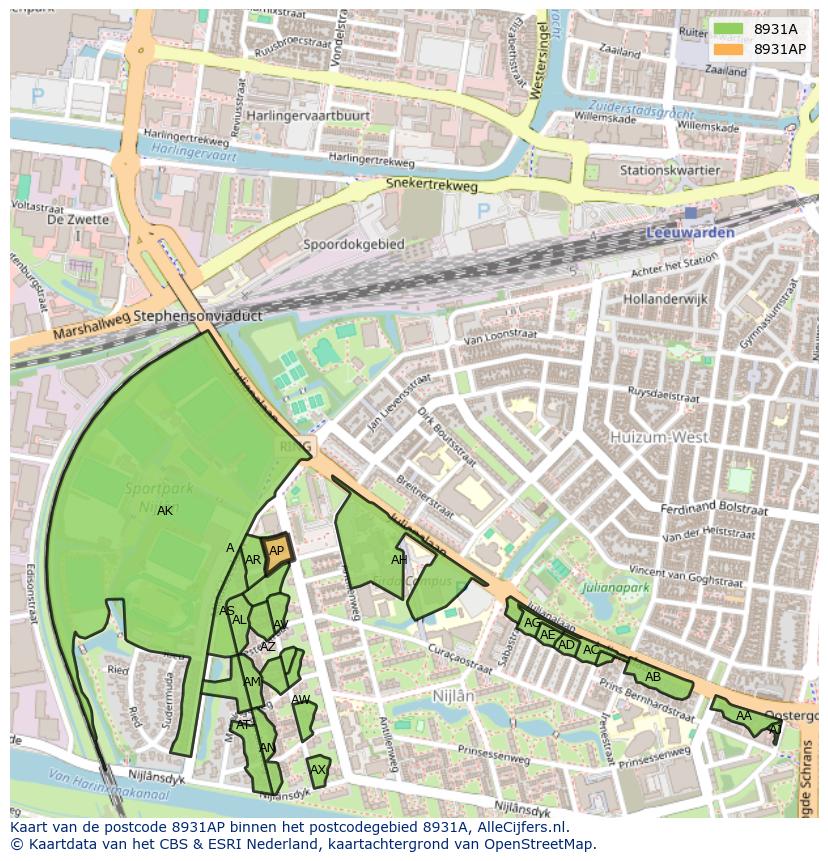 Afbeelding van het postcodegebied 8931 AP op de kaart.
