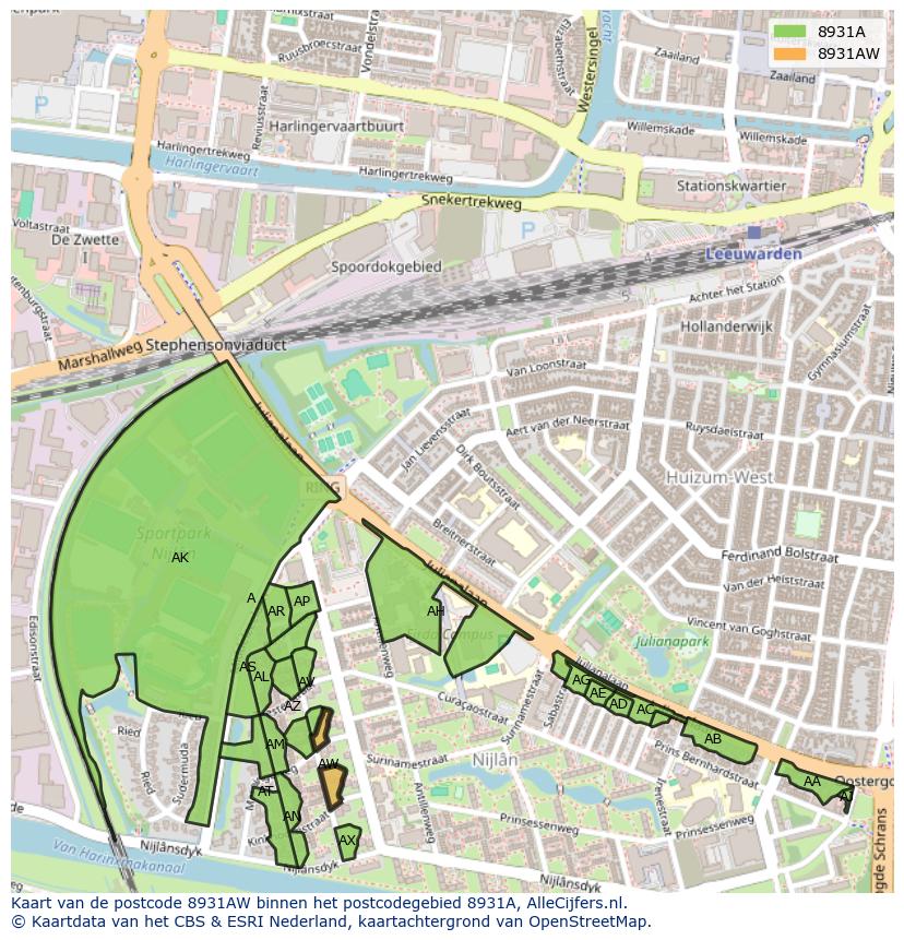 Afbeelding van het postcodegebied 8931 AW op de kaart.