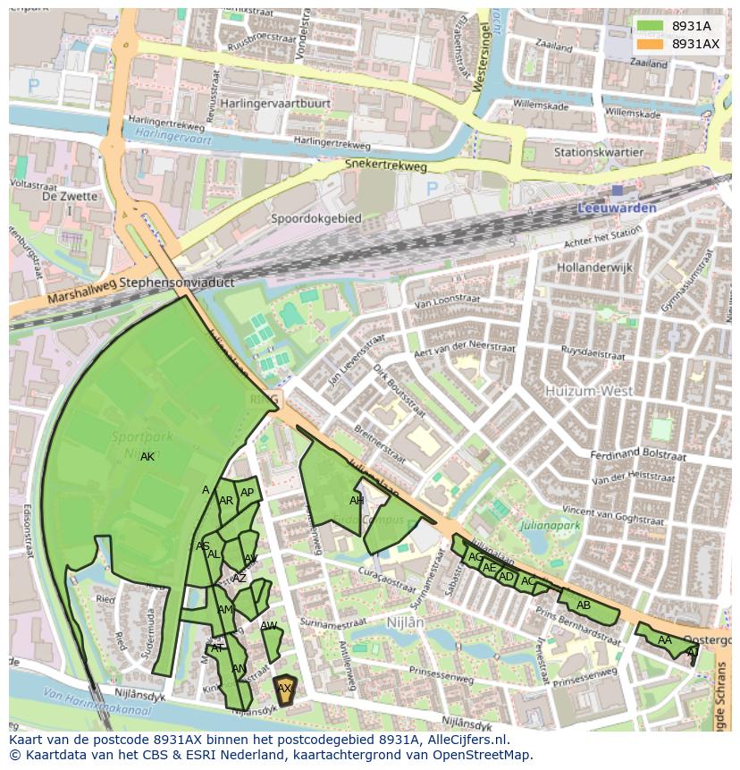 Afbeelding van het postcodegebied 8931 AX op de kaart.