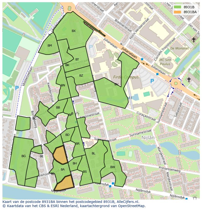 Afbeelding van het postcodegebied 8931 BA op de kaart.