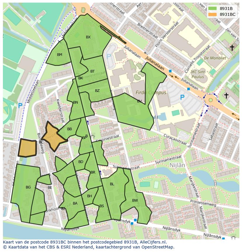 Afbeelding van het postcodegebied 8931 BC op de kaart.