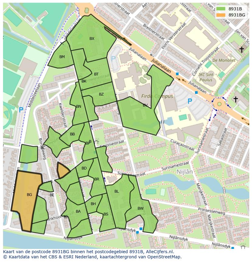 Afbeelding van het postcodegebied 8931 BG op de kaart.