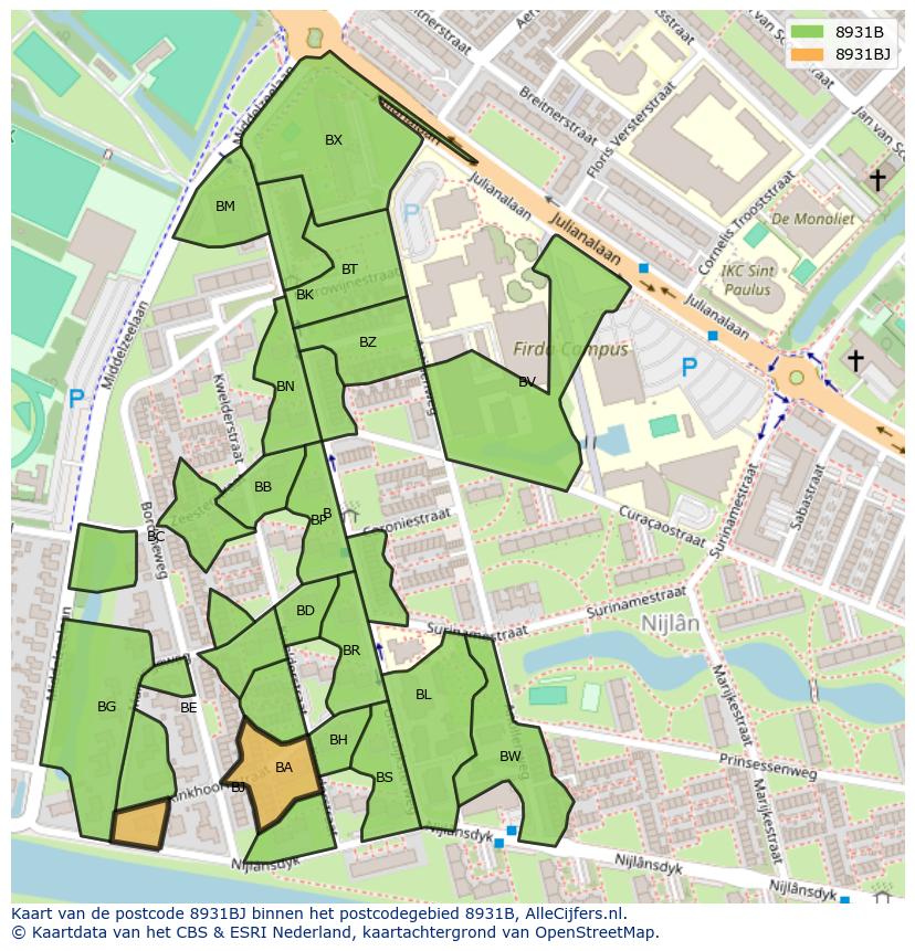 Afbeelding van het postcodegebied 8931 BJ op de kaart.
