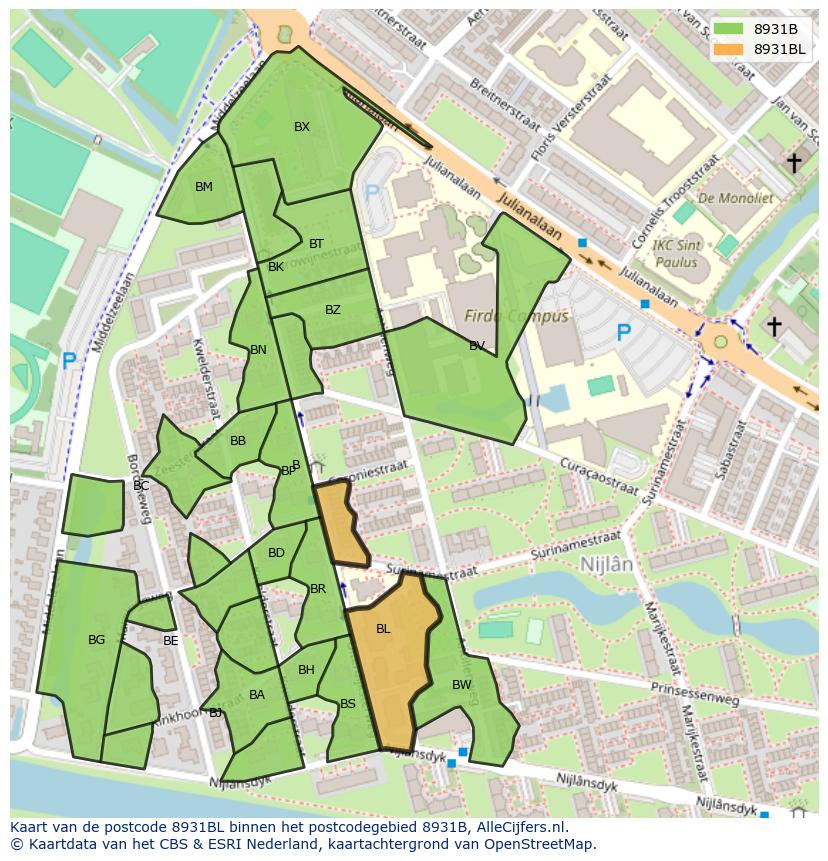 Afbeelding van het postcodegebied 8931 BL op de kaart.