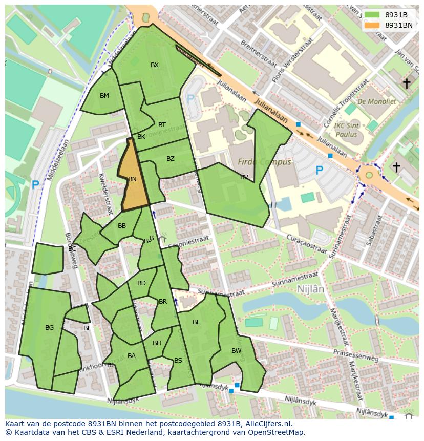 Afbeelding van het postcodegebied 8931 BN op de kaart.