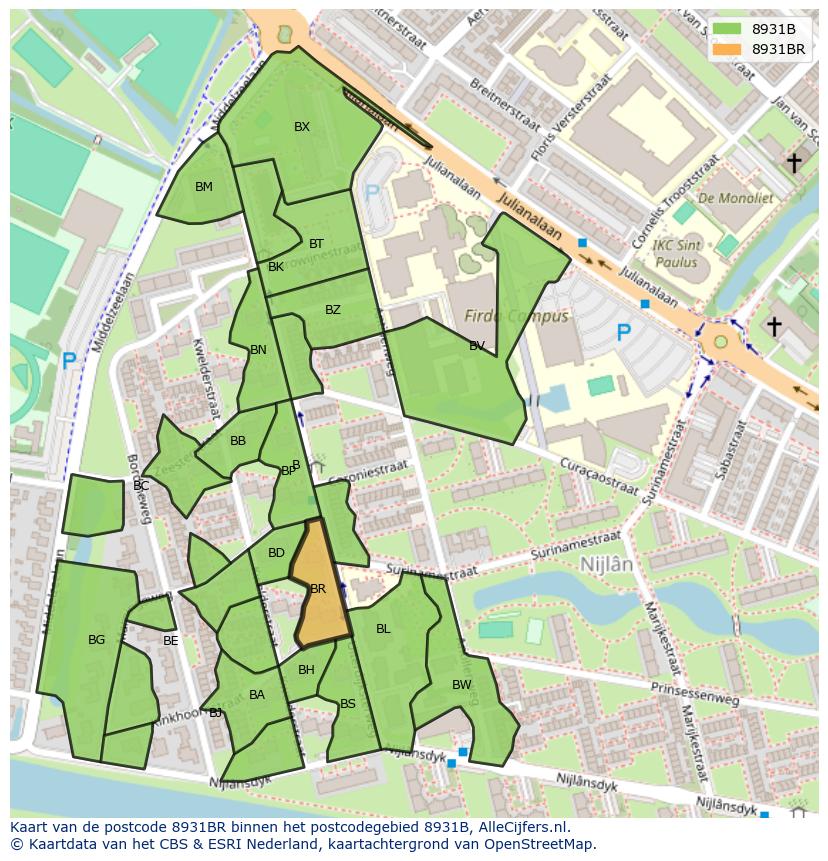 Afbeelding van het postcodegebied 8931 BR op de kaart.