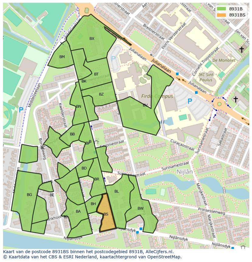 Afbeelding van het postcodegebied 8931 BS op de kaart.