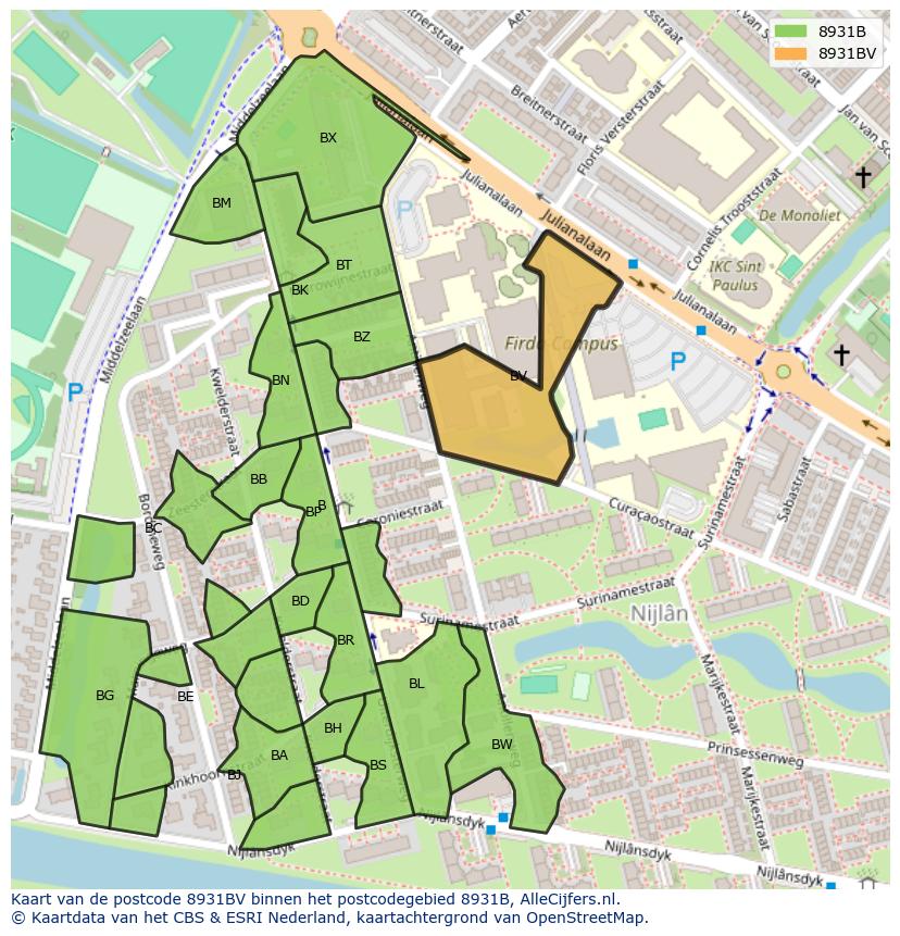 Afbeelding van het postcodegebied 8931 BV op de kaart.
