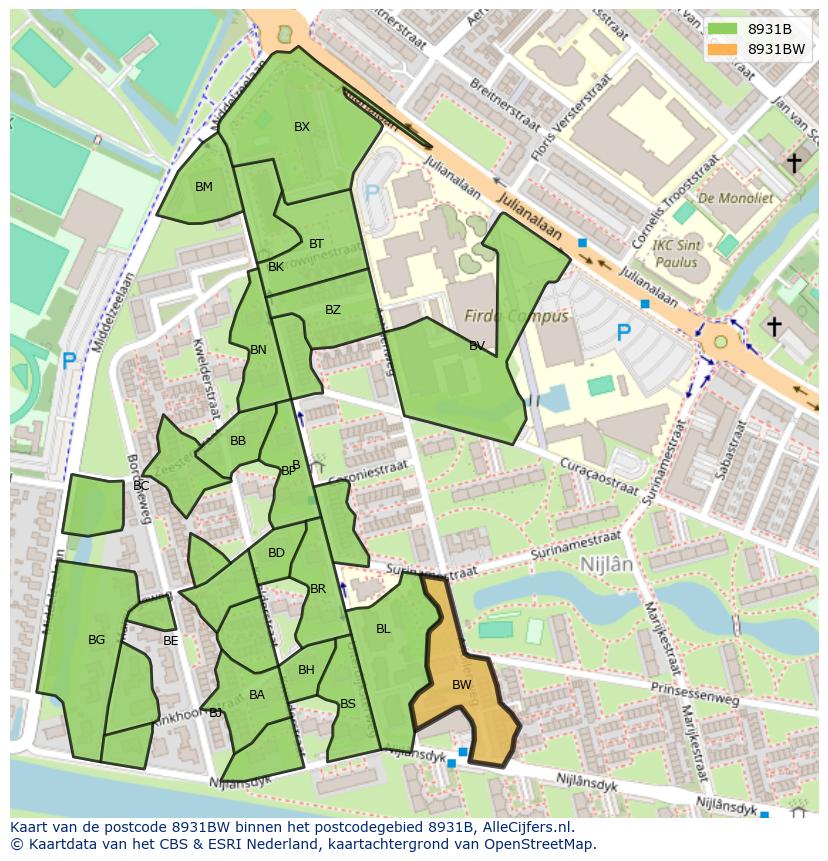 Afbeelding van het postcodegebied 8931 BW op de kaart.