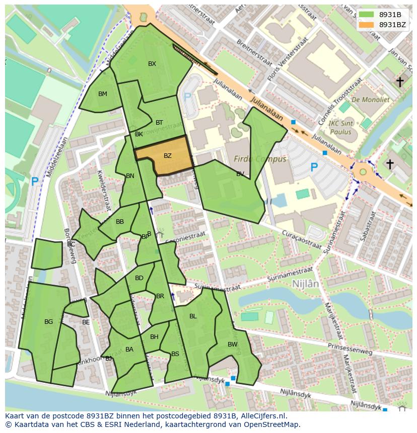 Afbeelding van het postcodegebied 8931 BZ op de kaart.
