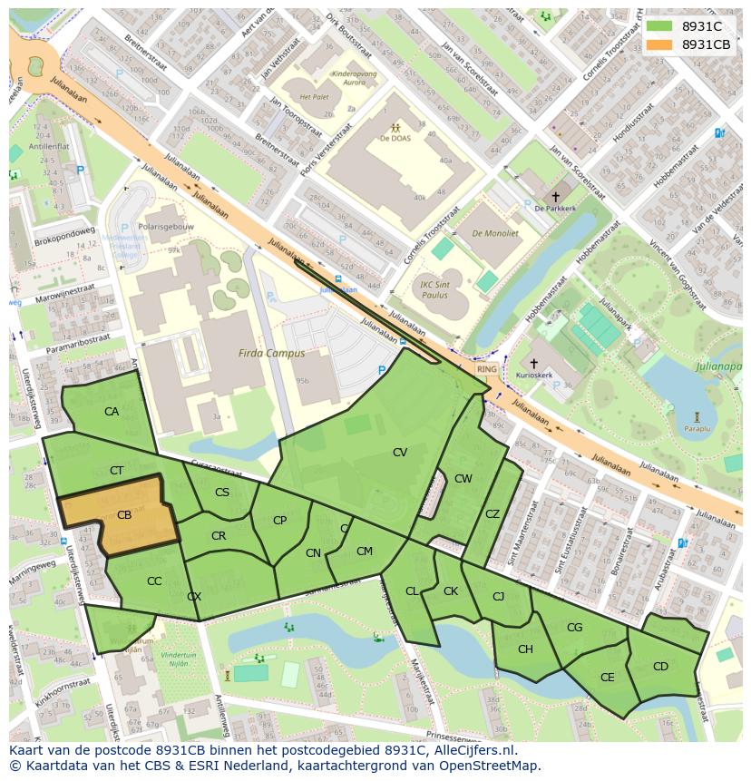 Afbeelding van het postcodegebied 8931 CB op de kaart.