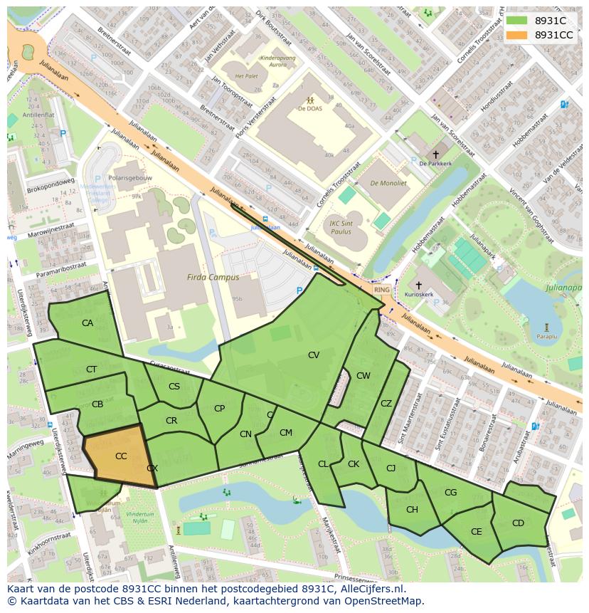 Afbeelding van het postcodegebied 8931 CC op de kaart.