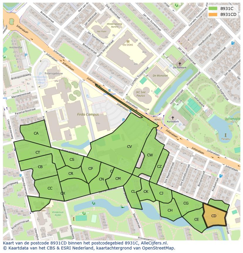 Afbeelding van het postcodegebied 8931 CD op de kaart.