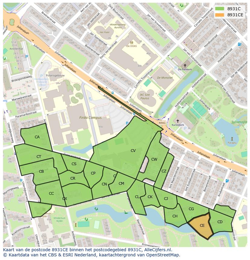 Afbeelding van het postcodegebied 8931 CE op de kaart.