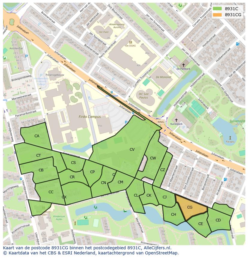 Afbeelding van het postcodegebied 8931 CG op de kaart.