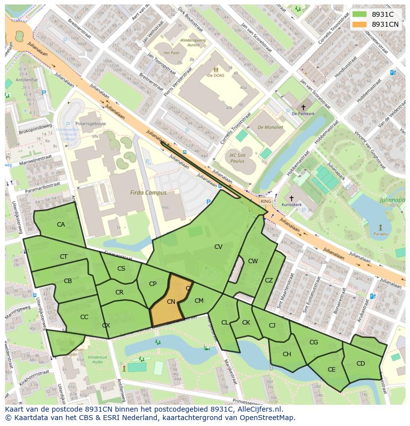 Afbeelding van het postcodegebied 8931 CN op de kaart.